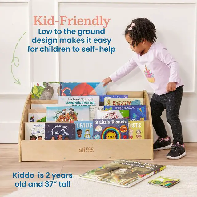 Alt view image 4 of 7 - Forward-Facing Wooden Toddler Book Display, Beginner Bookshelf, Natural | Easy-access organization, 4 shelves, low-profile design, home and classroom use, durable birch, GREENGUARD Gold Certified