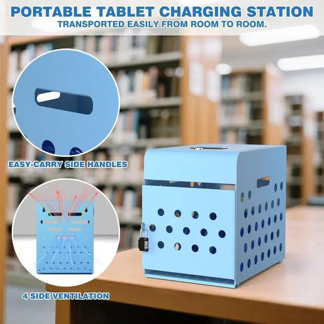 Alt view image 6 of 7 - 8-Unit Charging Cabinet for Chromebooks & Tablets Up to 14" Screens | Laptop Lock Box for iPads with Cable Management - Portable Locking Charging Station for Classroom, Office, Hospital, Blue