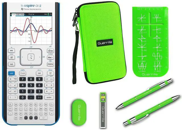 Main image of Ti Nspire CX II Graphing Calculator + Guerrilla Zipper Case + Essential Graphing Calculator Accessory Kit, Green
