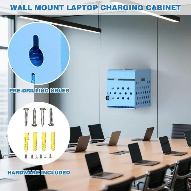Alt view image 7 of 7 - 8-Unit Charging Cabinet for Chromebooks & Tablets Up to 14" Screens | Laptop Lock Box for iPads with Cable Management - Portable Locking Charging Station for Classroom, Office, Hospital, Blue