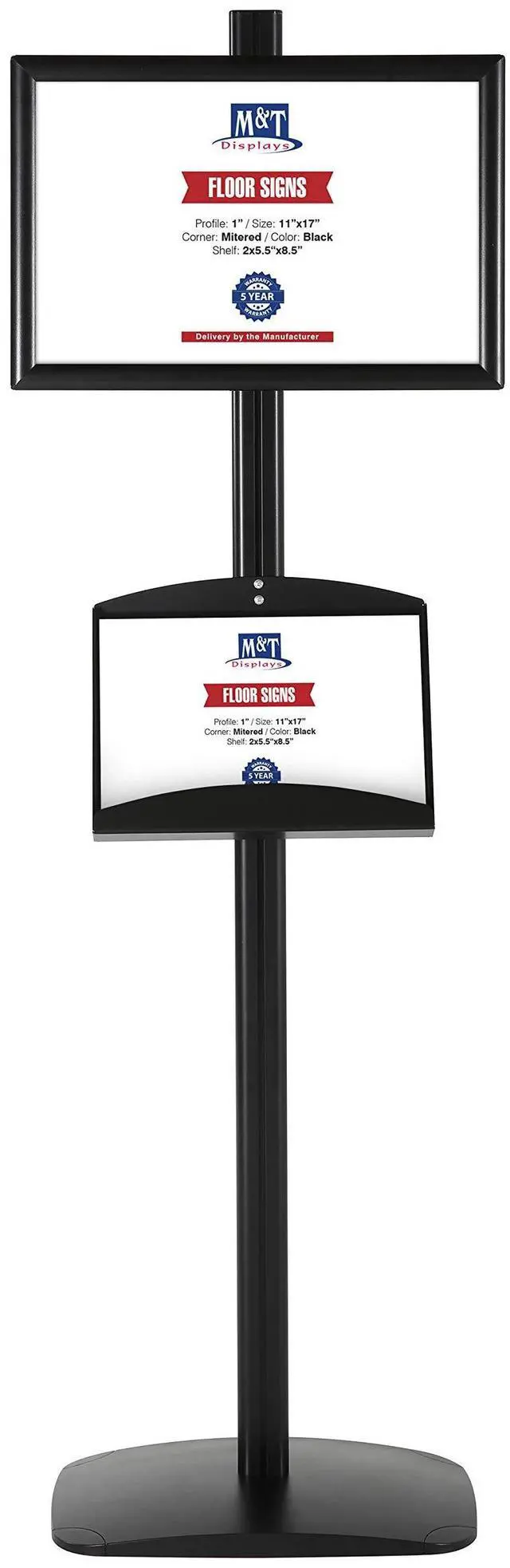Main image of Free Standing Aluminum Display Stand Single Sided Document Brochure Sign Holder Front Loading Portrait Landscape Black Snap Frame 1x(11x17) and Metal Tray Shelf 2x(5.5x8.5) Inch Capacity