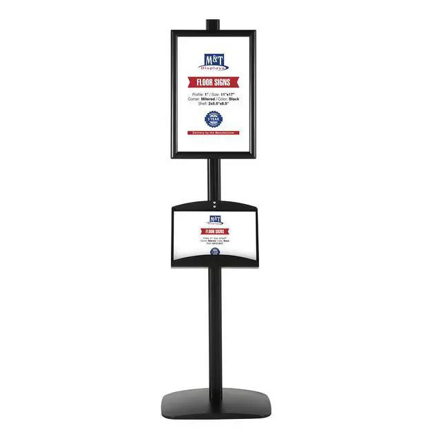 Alt view image 2 of 7 - Free Standing Aluminum Display Stand Single Sided Document Brochure Sign Holder Front Loading Portrait Landscape Black Snap Frame 1x(11x17) and Metal Tray Shelf 2x(5.5x8.5) Inch Capacity