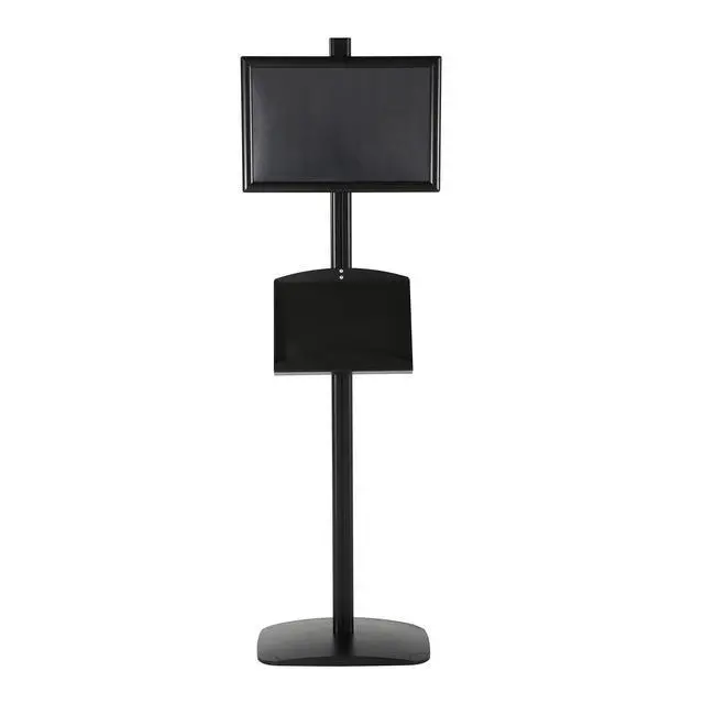 Alt view image 7 of 7 - Free Standing Aluminum Display Stand Single Sided Document Brochure Sign Holder Front Loading Portrait Landscape Black Snap Frame 1x(11x17) and Metal Tray Shelf 2x(5.5x8.5) Inch Capacity