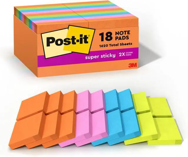 Main image of Super Sticky Notes, 18 Sticky Note Pads, 1 7/8 x 1 7/8 in., School Supplies, Office Products,Sticky-Notes for Vertical Surfaces, Monitors,Walls & Windows,Energy Boost Collection(Pack of 12)