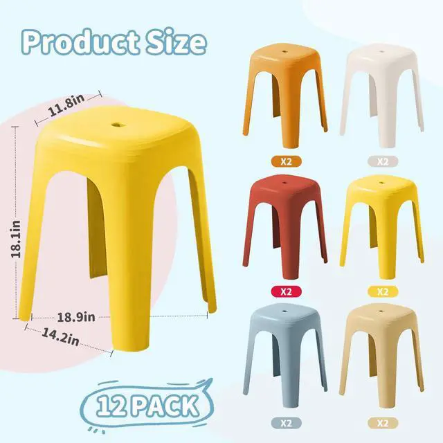 Alt view image 3 of 7 - 12 Pack School Plastic Stackable Stools, 18.1 Inch Height Colorful Nesting Stools, Portable Backless Stool for Classroom Students, Flexible Seating Chairs for School Home Office