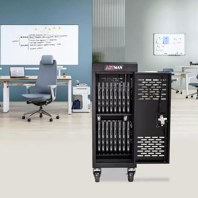Alt view image 2 of 7 - Laptop Charging Cart, 16 Device Tablet Storage Carts for iPad Up to 16.3" Screen Size, Mobile Charging Station for Classroom, with Cord Organizer, Front and Back Access Locking Cabinet Black