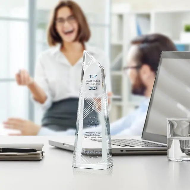 Alt view image 2 of 6 - Crystal Peak Top Sales Award Trophy Personalized Corporate Recognition Plaque with Custom Engraving for Sales Excellence, Quarterly Performance or Salesperson of the Year (M - 8.5")