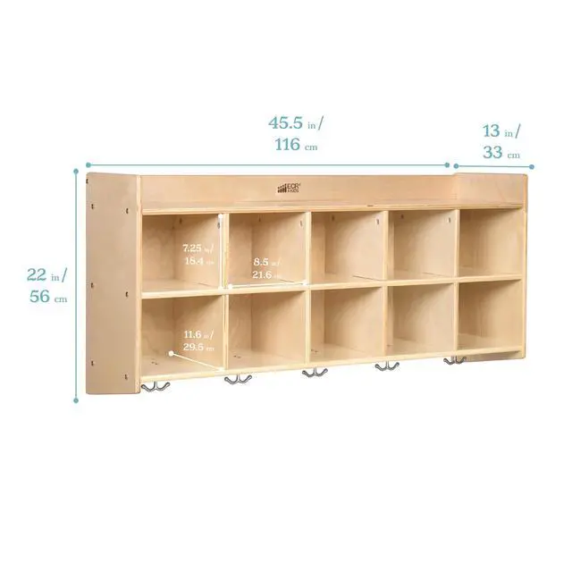 Alt view image 2 of 7 - 10-Section Wall-Mounted Hanging Coat Locker with Shelf, Classroom Furniture, Natural