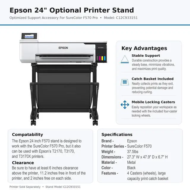 Alt view image 4 of 4 - Printer Stand for The SureColor F570, T2170, T3170, and T3170X Printers. Includes Printer Stand and Catch Basket. 24" C12C933151