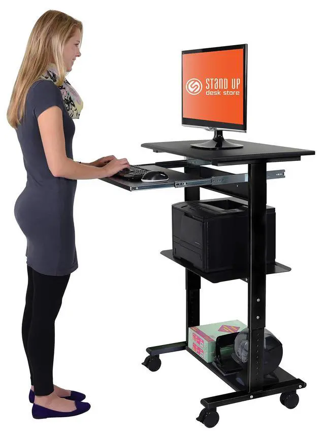 Alt view image 5 of 6 - Stand Up Desk Store Mobile Rolling Adjustable Height Standing Workstation with Printer Shelf and Slideout Keyboard Tray (Black Frame/Black Top, 30" Wide)