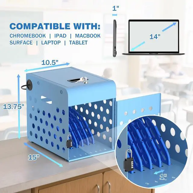Alt view image 3 of 7 - 8-Unit Charging Cabinet for Chromebooks & Tablets Up to 14" Screens | Laptop Lock Box for iPads with Cable Management - Portable Locking Charging Station for Classroom, Office, Hospital, Blue