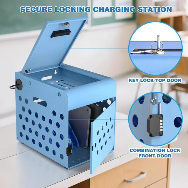 Alt view image 4 of 7 - 8-Unit Charging Cabinet for Chromebooks & Tablets Up to 14" Screens | Laptop Lock Box for iPads with Cable Management - Portable Locking Charging Station for Classroom, Office, Hospital, Blue