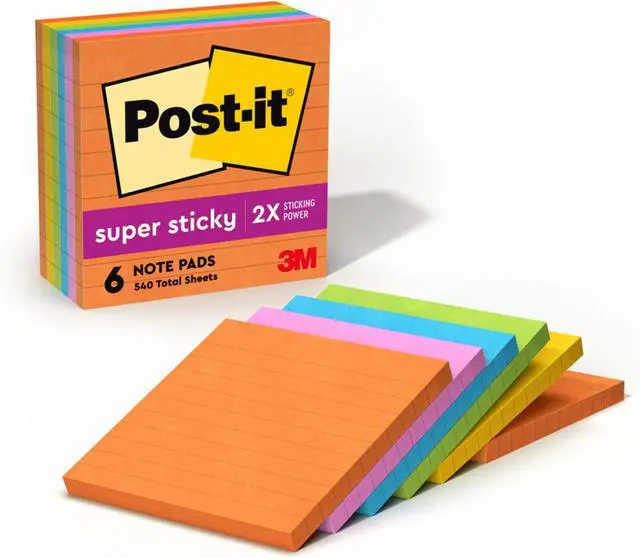 Main image of Super Sticky Lined Notes, 6 Sticky Note Pads, 4 x 4 in., School Supplies, Office Products, Sticky-Notes for Vertical Surfaces, Monitors, Walls and Windows,Energy Boost Collection (Pack of 12)