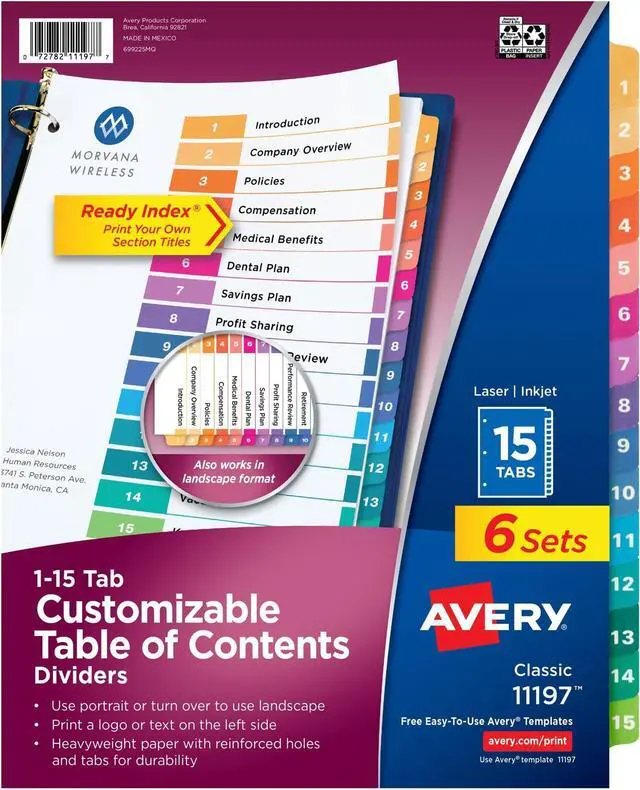 Main image of 15 Tab Dividers for 3 Ring Binders,Customizable Table of Contents,Multicolor Tabs,6 Sets (11197),(Pack of 6)