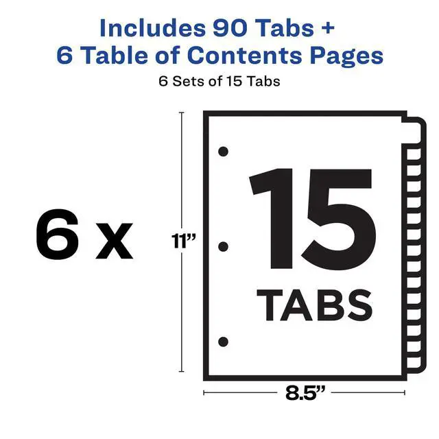 Alt view image 4 of 7 - 15 Tab Dividers for 3 Ring Binders,Customizable Table of Contents,Multicolor Tabs,6 Sets (11197),(Pack of 6)