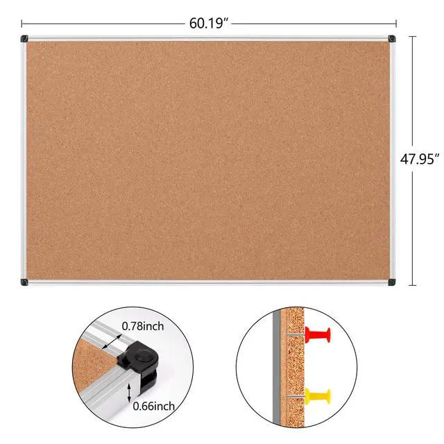 Alt view image 5 of 7 - Large Cork Bulletin Board 60" X 48", Silver Aluminum Framed Corkboard for Wall, Wall Mounted Notice Pin Board with Push Pins for School, Home & Office - 5' x 4' Corkboard