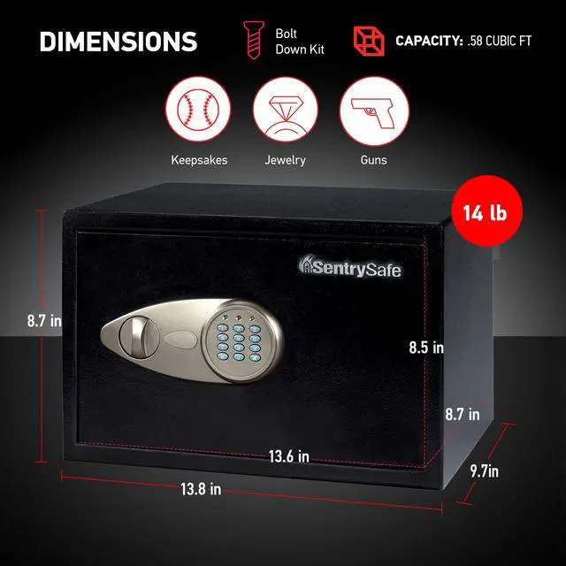 Alt view image 6 of 7 - Safe with Digital Keypad Lock, Steel Safe with Interior Lining and Bolt Down Kit for Money, Jewelry, Electronics, 0.58 Cubic Feet, 8.7 x 13.8 x 9.7 Inches, X055