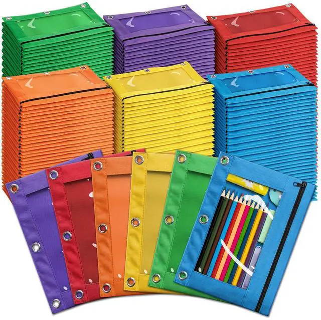 Main image of Pencil Pouch for 3 Ring Binder, Bulk 144 Pack 3-Holes Zipper Pencil Pouches in Assorted Colors, Sturdy and Durable Cloth Pencil Holder with Clear Window for Office School College Supplies