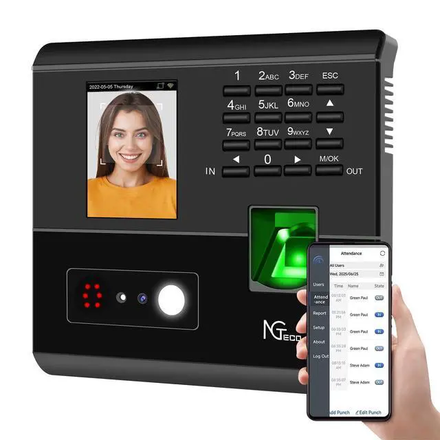 Main image of Time Clock for Small Business, 4-in-1 Employee Attendance Machine with Built-in RFID Cards, Face, Fingerprint & PIN, 2.4GHz WiFi, Mobile App Control, Flexible Shift Management, No Monthly Fee