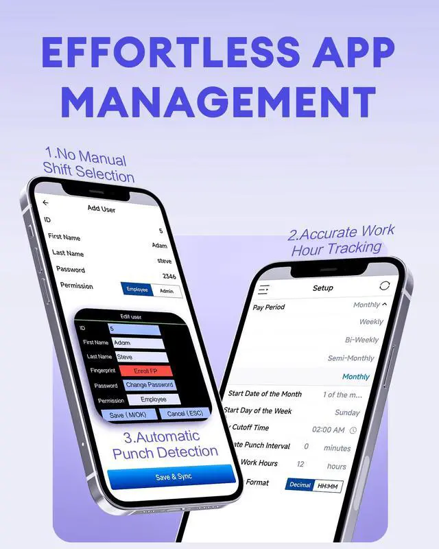 Alt view image 2 of 7 - Time Clock for Small Business, 4-in-1 Employee Attendance Machine with Built-in RFID Cards, Face, Fingerprint & PIN, 2.4GHz WiFi, Mobile App Control, Flexible Shift Management, No Monthly Fee