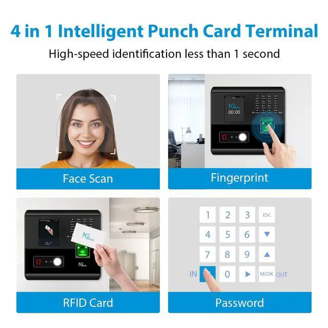 Alt view image 7 of 7 - Time Clock for Small Business, 4-in-1 Employee Attendance Machine with Built-in RFID Cards, Face, Fingerprint & PIN, 2.4GHz WiFi, Mobile App Control, Flexible Shift Management, No Monthly Fee