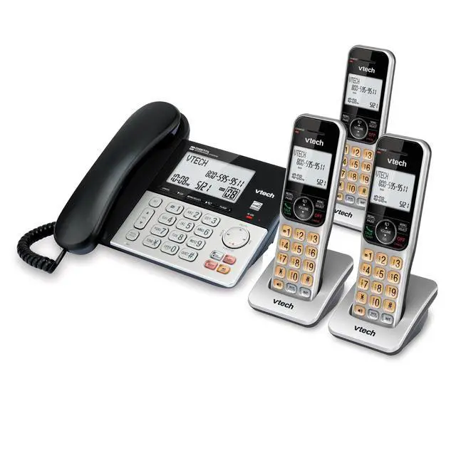 Alt view image 2 of 7 - VG208-3 DECT 6.0 3-Handset Corded/Cordless Phone System | Answering Machine, Call Blocking, Caller ID, Large Backlit Display, Silver/Black