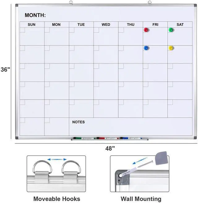 Alt view image 2 of 6 - Magnetic Monthly Calendar Whiteboard, 48 x 36 Inches Wall Planner | Magnetic dry erase monthly calendar, wall mounted, Aluminum Frame, great for scheduling at home, kitchen, office and school