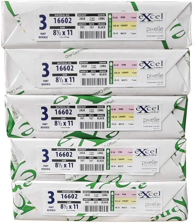 Main image of 8.5 x 11 Excel One Carbonless Paper 3 Part Reverse (Pink/Canary/Bright White), 835 Sets, 2505 Sheets, (5 REAMS)