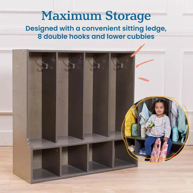 Alt view image 4 of 7 - Streamline 4-Section Toddler Coat Locker with Bench, Classroom Furniture, Grey Wash