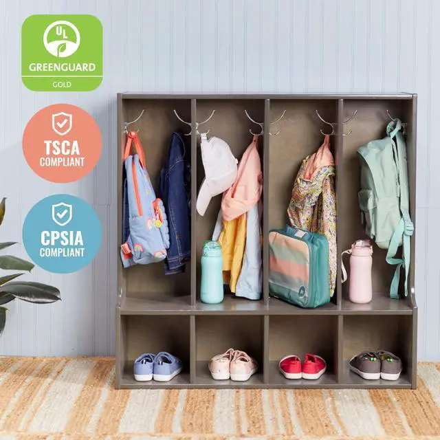 Alt view image 5 of 7 - Streamline 4-Section Toddler Coat Locker with Bench, Classroom Furniture, Grey Wash
