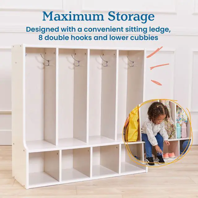 Alt view image 4 of 7 - Streamline 4-Section Toddler Coat Locker with Bench, Classroom Furniture, White Wash