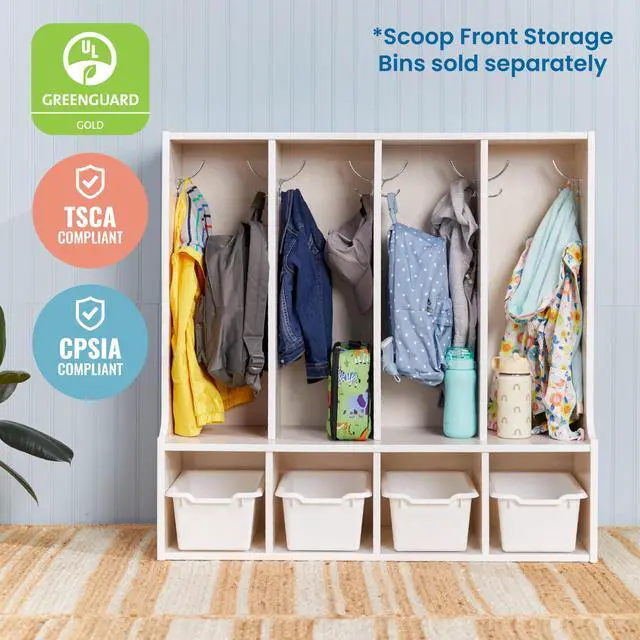 Alt view image 5 of 7 - Streamline 4-Section Toddler Coat Locker with Bench, Classroom Furniture, White Wash