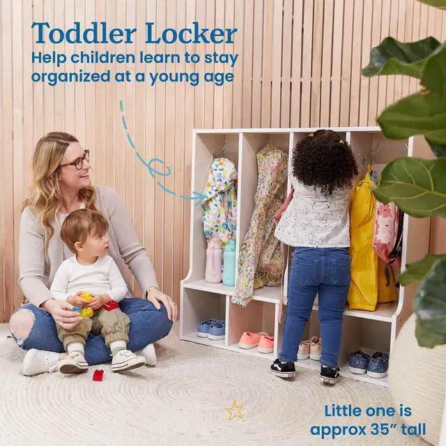Alt view image 3 of 7 - Streamline 4-Section Toddler Coat Locker with Bench, Classroom Furniture, White Wash