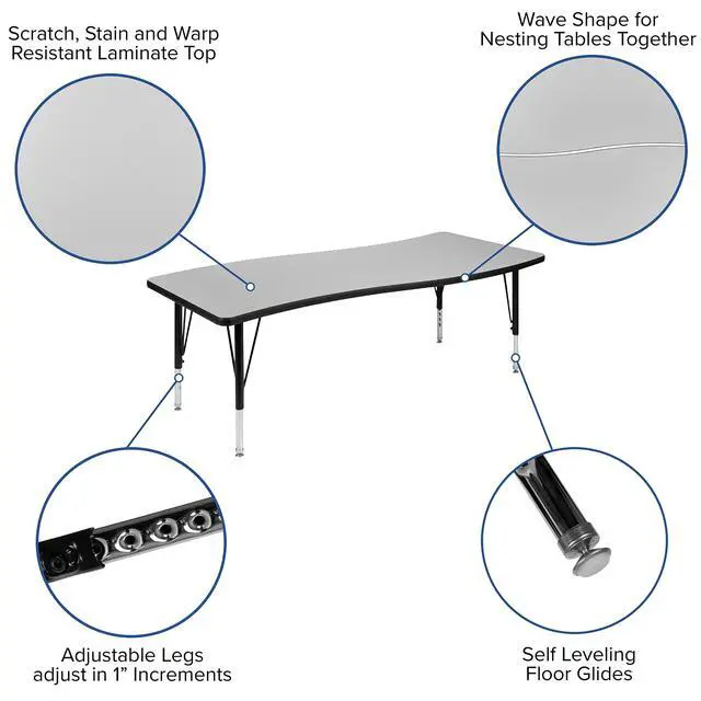 Alt view image 4 of 7 - 26" W x 60" L Rectangular Wave Flexible Collaborative Grey Kids Adjustable Activity Table