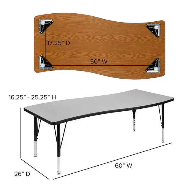 Alt view image 2 of 7 - 26" W x 60" L Rectangular Wave Flexible Collaborative Grey Kids Adjustable Activity Table