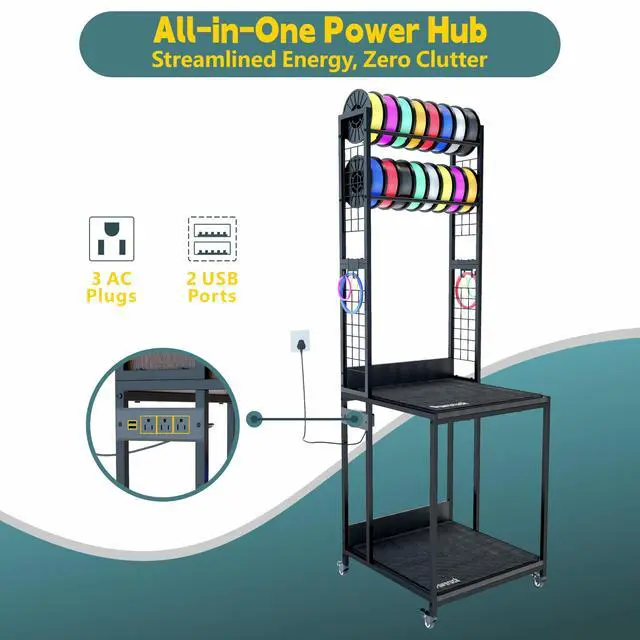 Alt view image 5 of 7 - Heavy Duty PRT22 3D Printer Stand with Power Hub, High Density Polymer Vibration Damping Pads, Elevated Storage & Locking Wheels for Most Large Printers