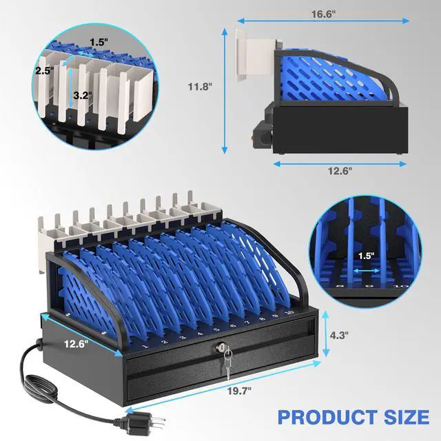 Alt view image 5 of 7 - 10-Device Open Charging Station for Chromebooks, iPads & Tablets | Heavy-Duty Steel Charging Rack with Lockable Storage Drawer, Multi-Device Charging Organizer for School, Office, Hospital