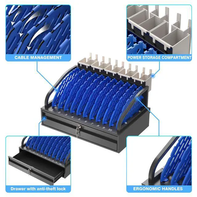 Alt view image 3 of 7 - 10-Device Open Charging Station for Chromebooks, iPads & Tablets | Heavy-Duty Steel Charging Rack with Lockable Storage Drawer, Multi-Device Charging Organizer for School, Office, Hospital
