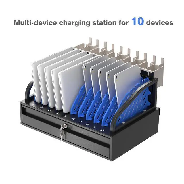 Alt view image 6 of 7 - 10-Device Open Charging Station for Chromebooks, iPads & Tablets | Heavy-Duty Steel Charging Rack with Lockable Storage Drawer, Multi-Device Charging Organizer for School, Office, Hospital