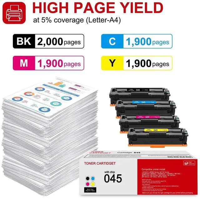 Alt view image 3 of 6 - 4 Pack 045 BK/C/M/Y Toner Cartridge: Compatible CRG-045 Replacement for Canon Color imageCLASS MF631Cn MF632Cdw MF633Cdw MF634Cdw LBP612Cdw LBP613Cdw LBP610C Series i-SENSYS LBP613Cdw MF635Cx Printer