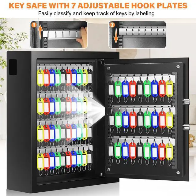 Alt view image 4 of 7 - 71 Keys Fireproof Key Lock Box, Anti-Theft Key Box Wall Mount with Adjustable Hook Plates, Key Tags and Side Opening, Key Safe Key Cabinet Key Organizer for Home Office Garage Rental Business