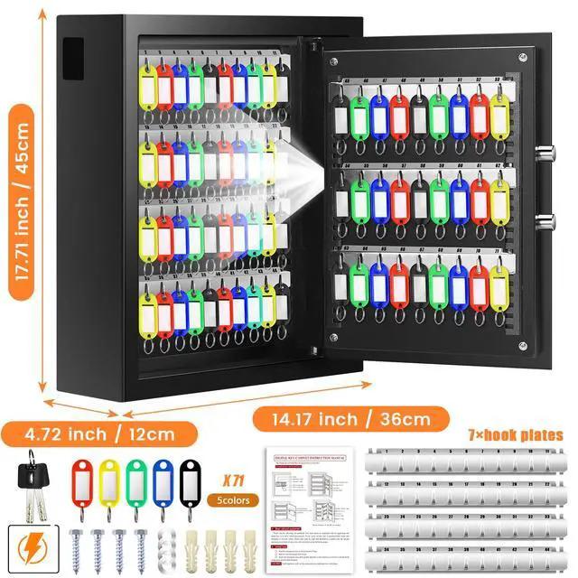 Alt view image 2 of 7 - 71 Keys Fireproof Key Lock Box, Anti-Theft Key Box Wall Mount with Adjustable Hook Plates, Key Tags and Side Opening, Key Safe Key Cabinet Key Organizer for Home Office Garage Rental Business