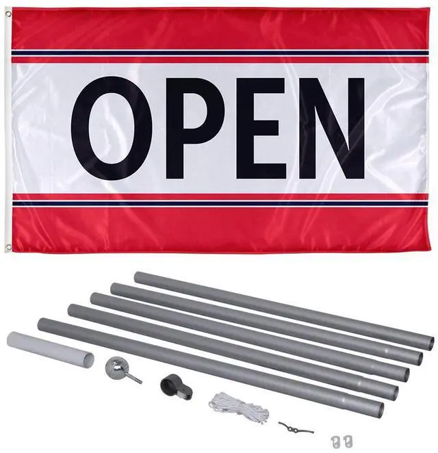 Main image of 3ft x 5ft Open Flag with 20ft Flagpole Knitted Polyester Material with Canvas Header & 2 Metal Grommets, Open Banner with 100% Visibility on Both Sides, Printed in the USA