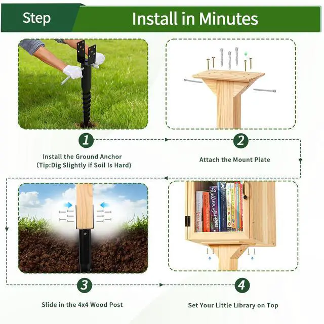 Alt view image 7 of 7 - Little Library Mount, Waterproof 4x4x31.5" Wood Post, Post Bracket, No-Dig Ground Anchor, Easy Installation for Outdoor Use, Ideal for Community Sharing, Support All Sizes of Little Libraries