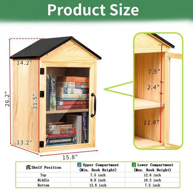 Alt view image 7 of 7 - Little Library Box Outdoor, 2-Tier Waterproof Book Exchange Cabinet Solid Wood with Adjustable Shelves, Rust-Resistant Hardware for Community, Schools and Neighborhoods to Promote Reading & Sharing