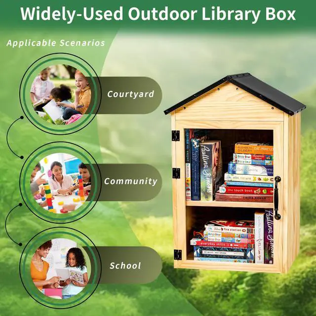 Alt view image 6 of 7 - Little Library Box Outdoor, 2-Tier Waterproof Book Exchange Cabinet Solid Wood with Adjustable Shelves, Rust-Resistant Hardware for Community, Schools and Neighborhoods to Promote Reading & Sharing