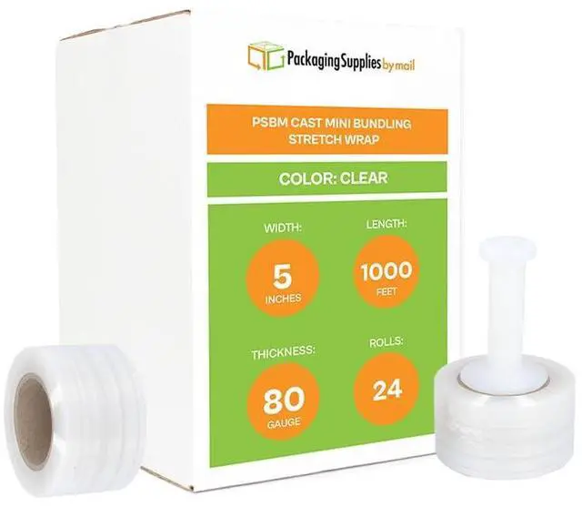 Main image of PSBM Mini Stretch Wrap with Plastic Handle, 24 Rolls 5 Inch x 1000 Feet 80 Gauge Heavy Duty Clear Plastic Wrap Industrial Strength Shrink Film for Moving, Packing & Shipping, Made in USA