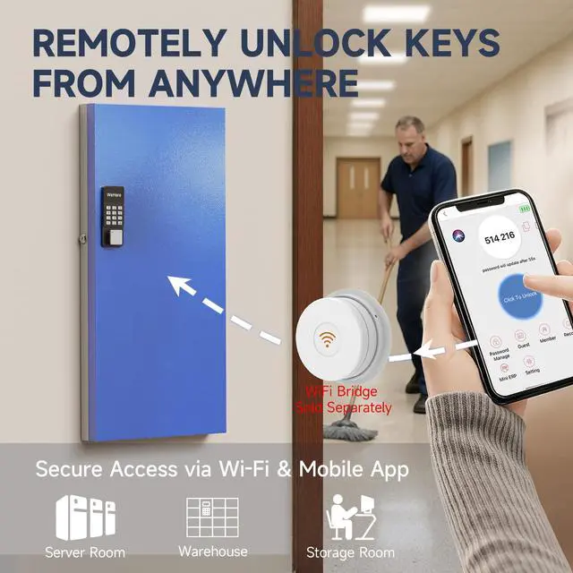 Alt view image 6 of 7 - 120 Key Lock Box, Smart Key Cabinet with Key Management System, App, Bluetooth, Dynamic/Static Password, WiFi Unlock(Sold Separately), Wall-Mount Commercial Key Storage Box for Office, School