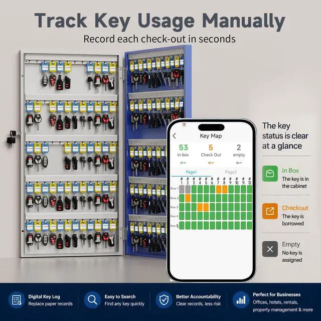 Alt view image 4 of 7 - 120 Key Lock Box, Smart Key Cabinet with Key Management System, App, Bluetooth, Dynamic/Static Password, WiFi Unlock(Sold Separately), Wall-Mount Commercial Key Storage Box for Office, School