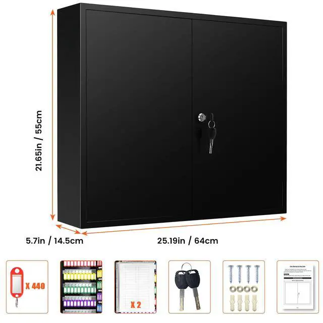 Alt view image 2 of 7 - 440 Keys Dual-Door Key Lock Box Wall Mount with 20 Adjustable Hook Plates, Numbered Hooks and Tags, Steel Key Cabinet with Index Log, Key Storage Box Key Organizer for Garage Home Office, Black
